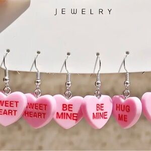 3 Pairs Pink Heart Dangle Earrings Valentine’s Day Be Mine, Hug Me, Sweet Heart